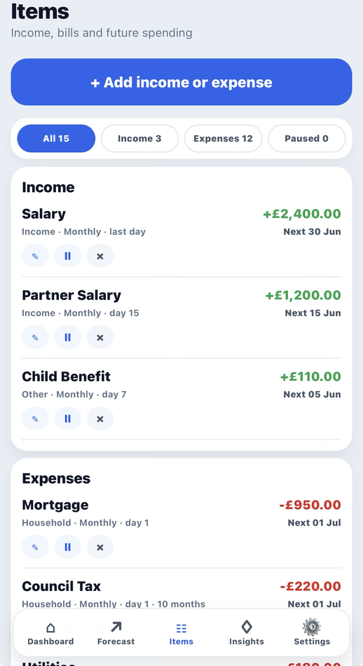 Monitry income and expenses screen
